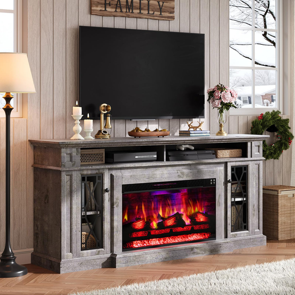 AMERLIFE 70" Farmhouse Heavy Fireplace TV Stand with 33" Electric Fireplace, for 80" TVs up, Media Entertainment Center with Diamond Door, TV Console Storage Cabinet for Living Room, Grey AMERLIFE