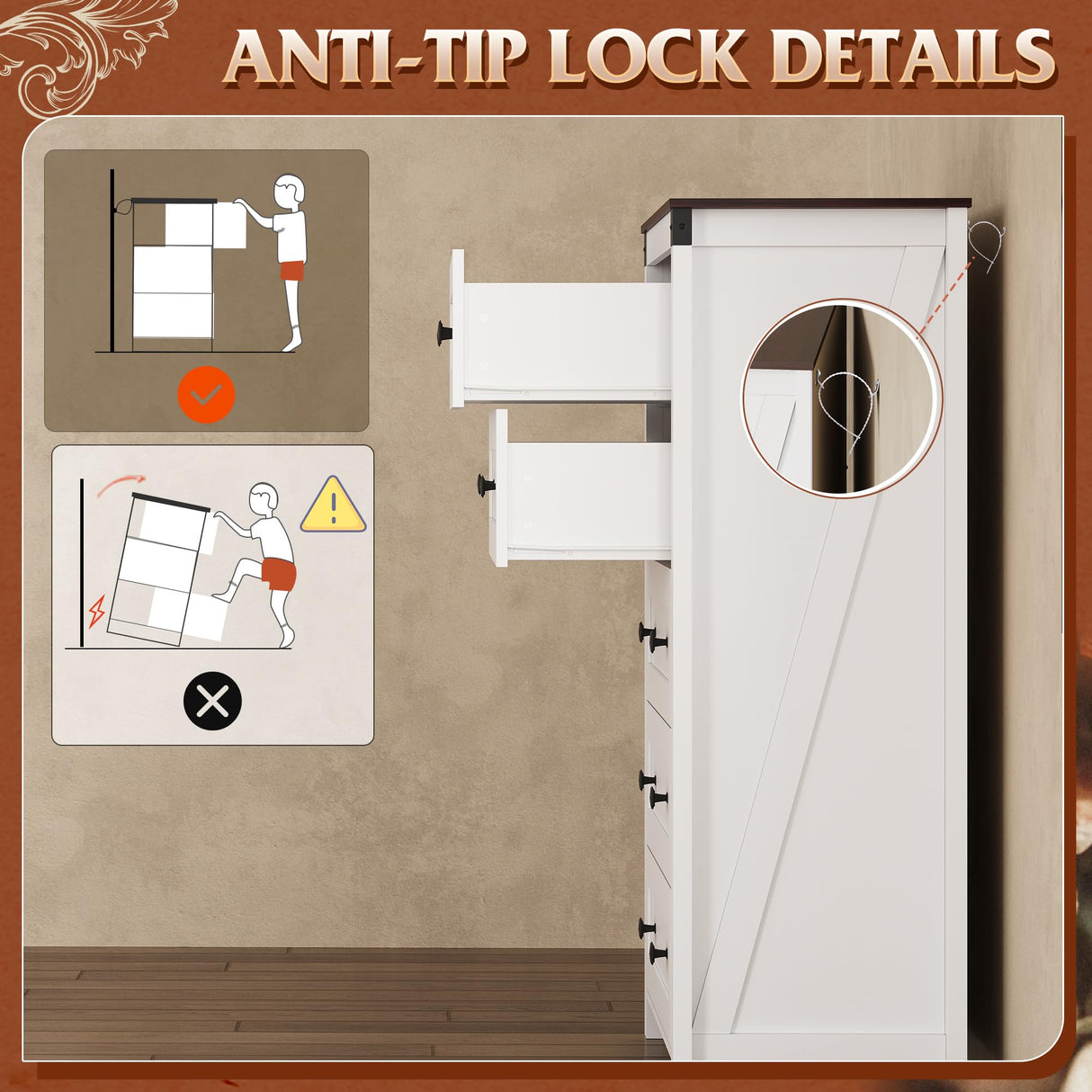 WLIVE Farmhouse White Dresser for Bedroom, 5 Drawer Dresser Storage Organizer, Tall Wood Dressers with Double Rustic Handle, Chest of Drawers for Living Room, Hallway, Closet WLIVE