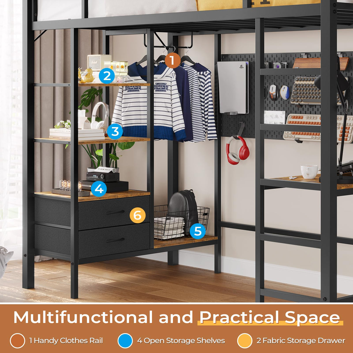 DICTAC Loft Bed Twin Size with Desk and Charging Station Metal Loft Bed with Led Lights,Storage Shelves and Drawers Twin Bed Frame with Clothes Rail,Safety Guard & Ladder,No Box Spring Needed,Black DICTAC