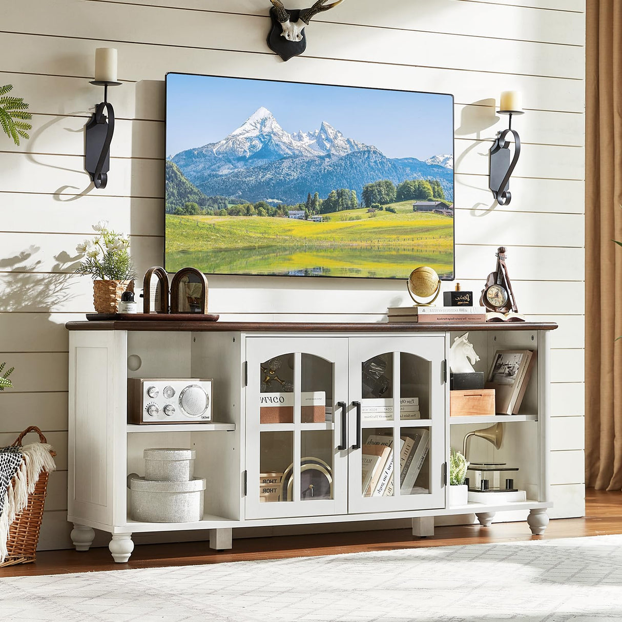RWYHG Farmhouse TV Stand for 65 Inch TV, Wood Entertainment Center with Adjustable Shelves & Glass Door Storage Cabinet,Television Stands for 70" TVS,TV Console Table for Living Room,Bedroom,White RWYHG