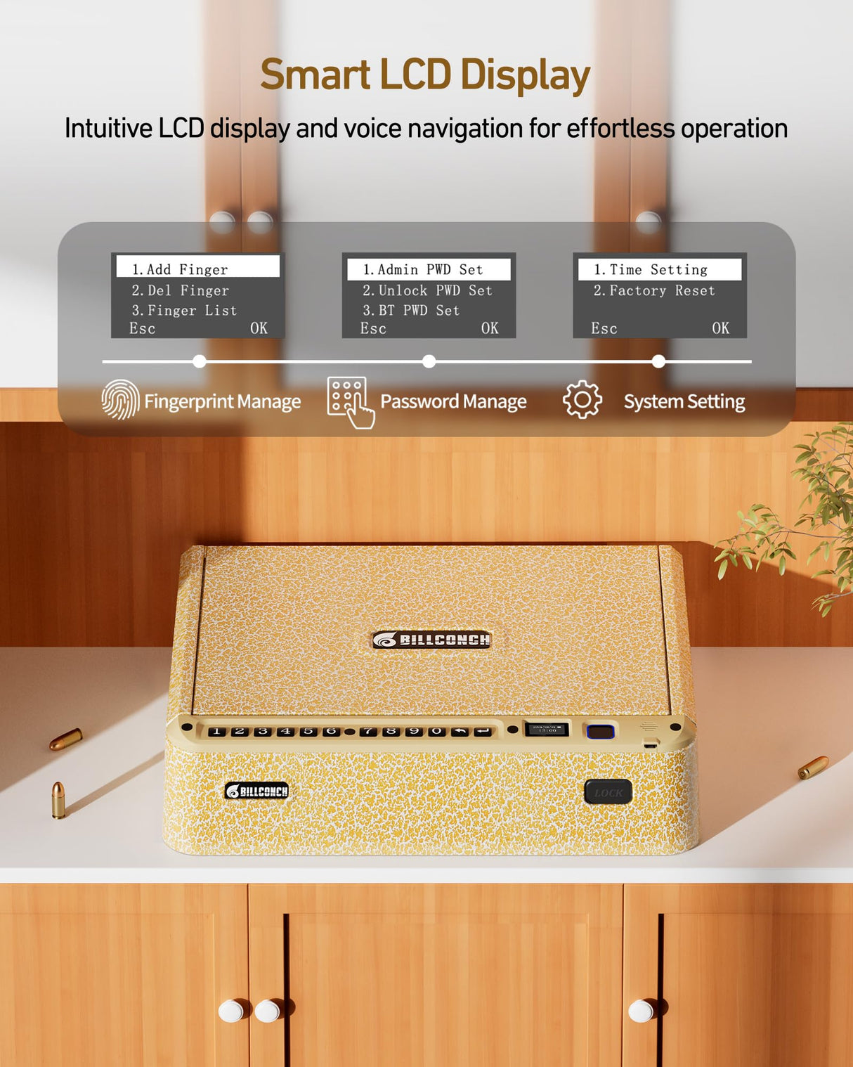 BILLCONCH Smart Gun Safe with Security Cable - Biometric Gun Safe for Handgun 4 Ways Quick Access with Fingerprint/Keypad/Key/APP Lock for Bedside Home Car with LCD/Voice Guide - Limited Gold BILLCONCH