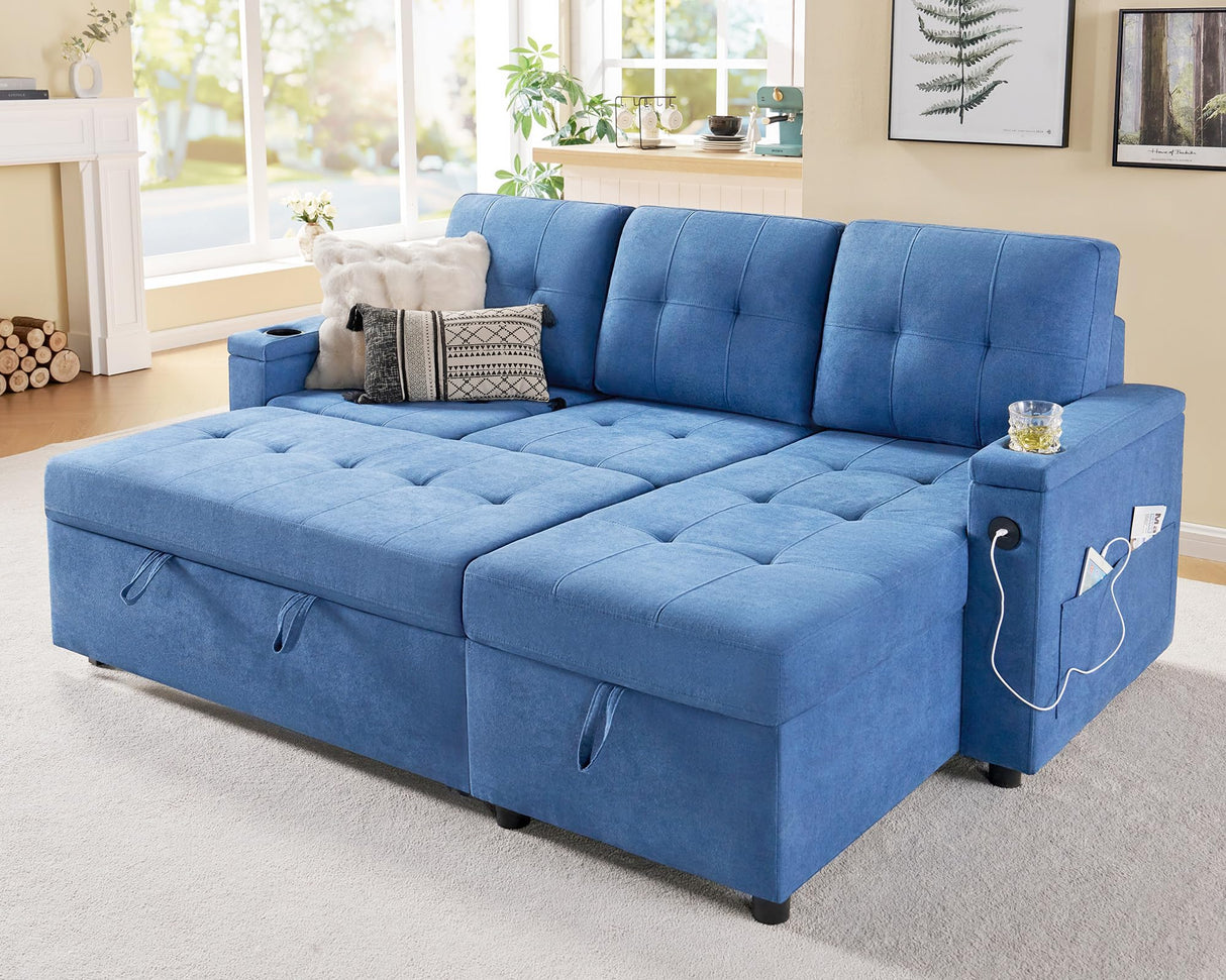 VanAcc Sofa Bed, Multi-Functional Sleeper Sofa with USB Charging Ports & Cup Holders, Pull Out Couch Bed with Storage Chaise, L-Shaped Couches for Living Room (Linen Blue) VanAcc
