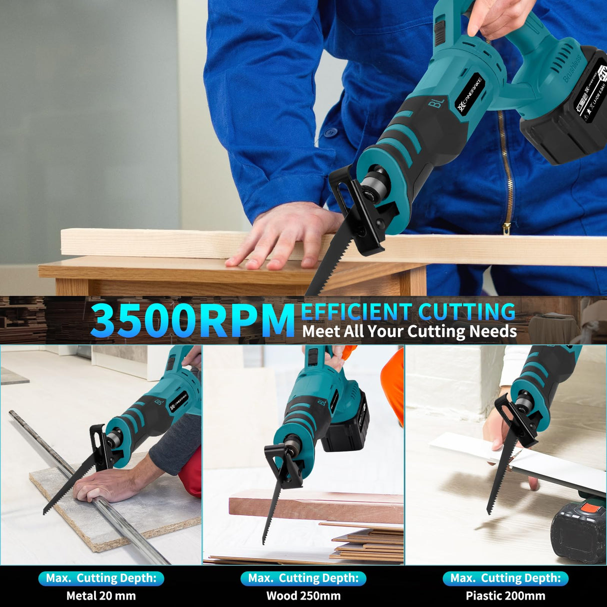 Cordless Reciprocating Saw with Rotated Handle, 2 x 6.0Ah Battery Brushless Power Reciprocating Saw with 12Pcs Blades, 28MM Reciprocating Stroke, Multiple Angles Cutting for Wood/Metal/PVC Canbrake