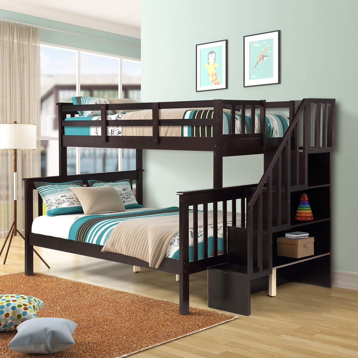 P PURLOVE Espresso Twin-Over-Full Bunk Bed with Storage and Detachable Design P PURLOVE