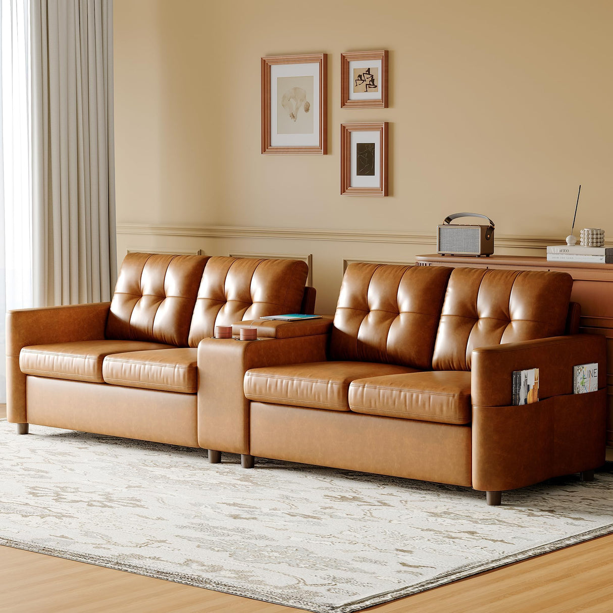 Faux Leather 4-Seater Sectional Sofa, 115” Brown PU Compact Couch with Storage Console, Charging Station & Cup Holders, Deep Seat Couch for Family Rooms, Apartments & Small Spaces SunnyFurn