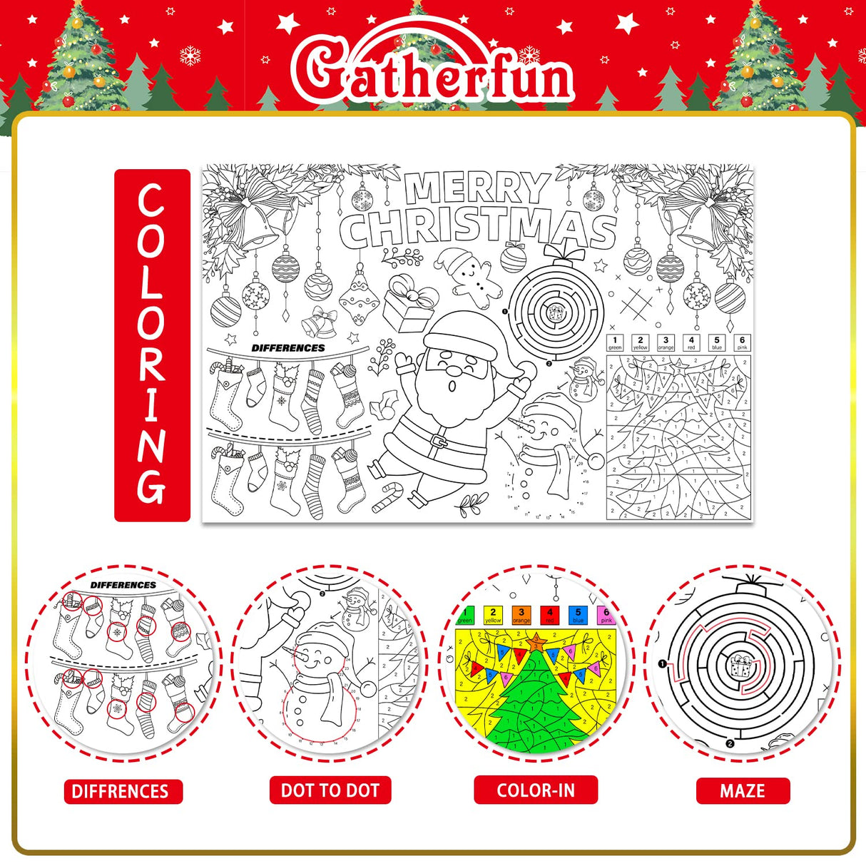 Disposable Santa Place Mats for Kids, 12 Pack - 17'x 11' Paper Table Mat Sheets for Merry Christmas School Party Decorations Gatherfun