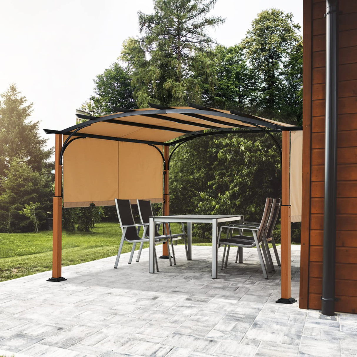 MASTERCANOPY 10' X 12' Outdoor Retractable Pergola with Sun Shade Canopy Patio Metal Garden Pergola,Beige MASTERCANOPY