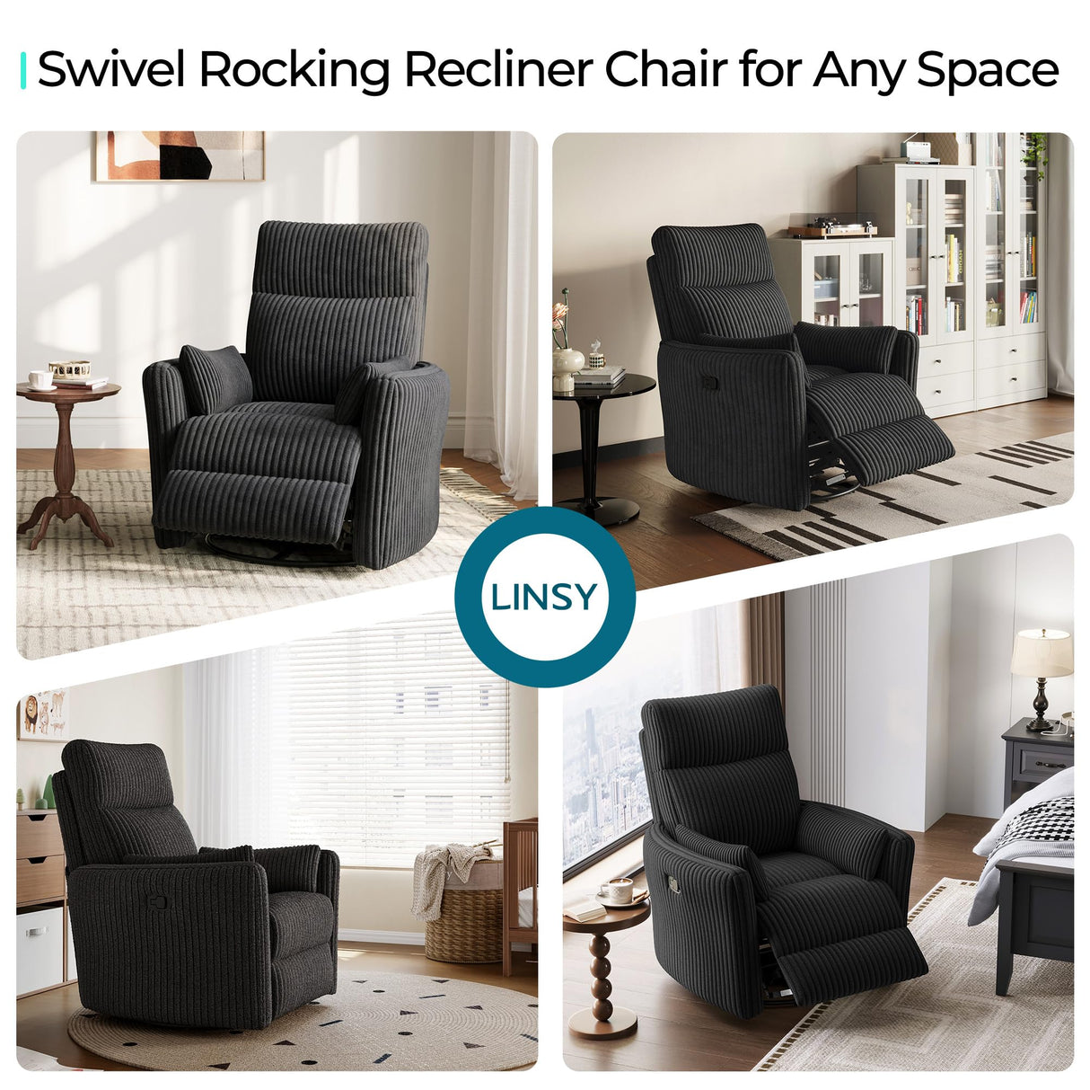 LINSY 360 Swivel Recliner Chair - Corduroy Nursery Glider Rocking Chair with 2 Pillows, Comfy High Back Adult Recliner for Small Spaces, Nursery Bedroom Living Room Reclining (Black) LINSY