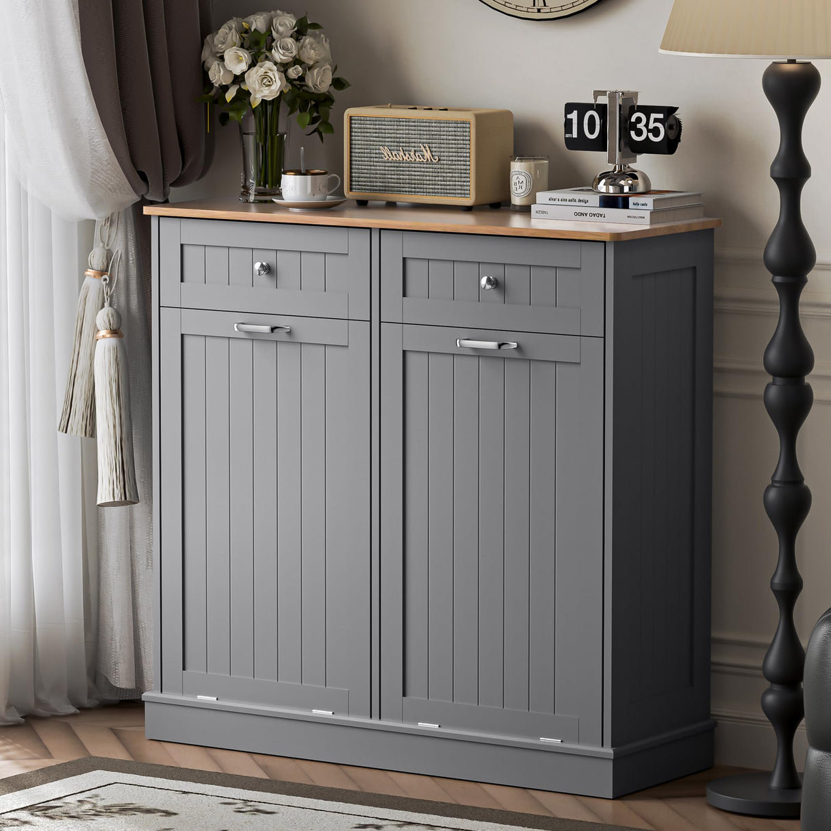 Spurgehom Double Tilt Out Trash Cabinet Kitchen Island,Laundry Hamper Pull Out Trash Can Cabinet 2X13 Gallon Freestanding Pet Proof Trash Can Garbage Can Holder for Living Room Dining Room,Grey Spurgehom