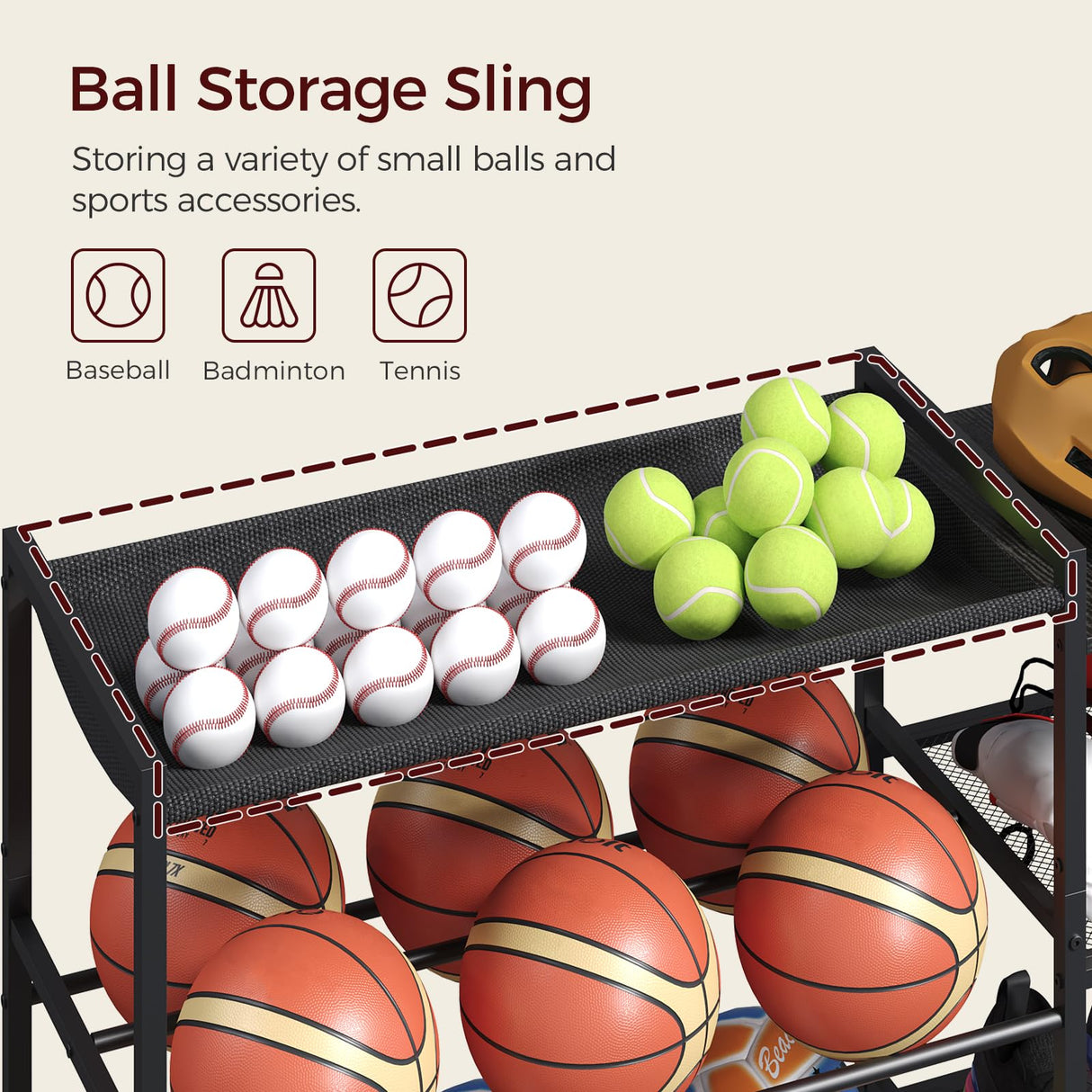 MAHANCRIS Sports Equipment Organizer, 3 Tier Ball Storage Rack with Baseball Bat Holder, Indoor & Outdoor Basketball Racks for Volleyball, Football, Garage Organizer with Sheleves, Black BEHR17301 MAHANCRIS