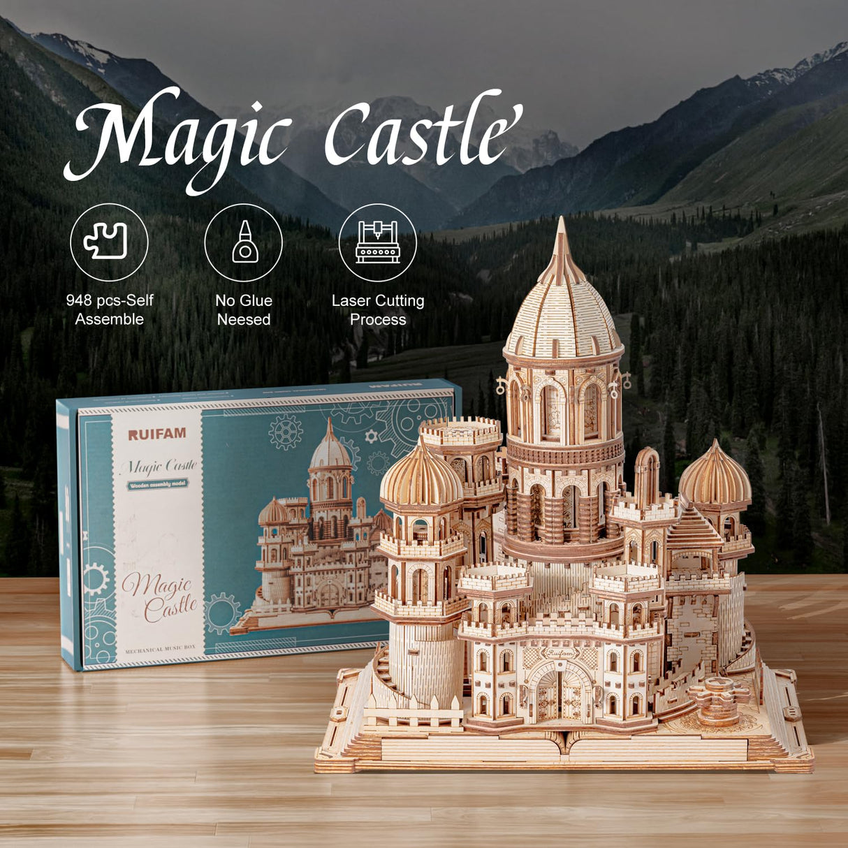RUIFAM 3D Wooden Puzzles DIY Mechanical Wooden Wide Model Kit 1000 Pcs 3D Puzzles for Adults Teens 14+Years Puzzle Enthusiasts Box Clockwork Enchanted Castle RUIFAM