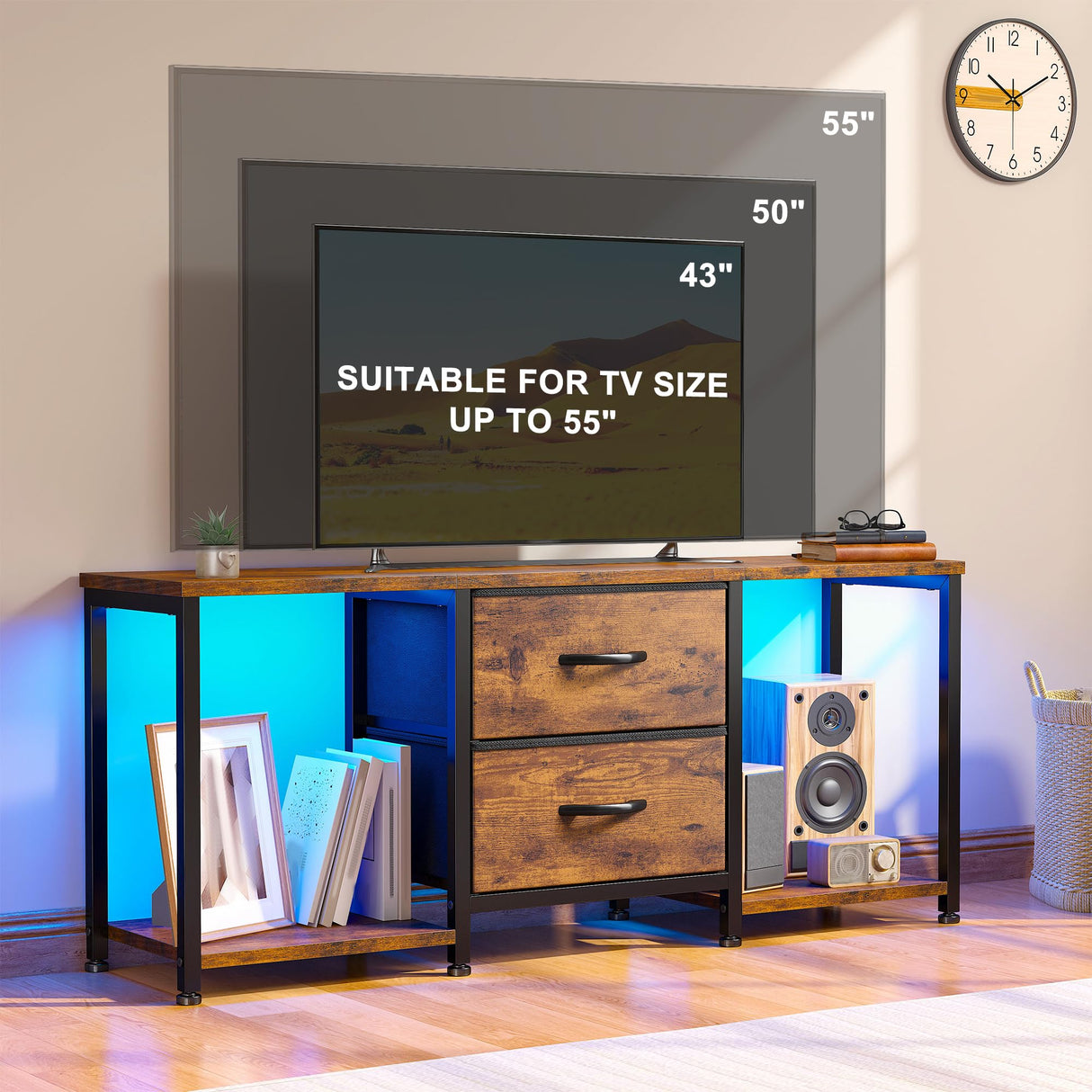 LED TV Stand Dresser for TVs up to 55 Inch, Entertainment Center with 2 Fabric Drawers and 2 Open Storage Shelves, Coffee Table Television Stands for Living Room, Bedroom, Wood Top, Rustic Brown EnHomee