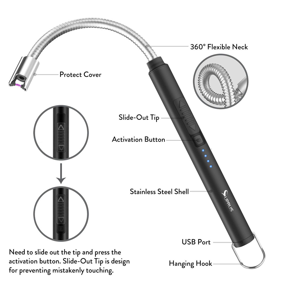 SUPRUS Electric Candle Lighter USB Type C Rechargeable Lighter Steel Shell & Hanging Hook with 360° Flexible Neck (Black) SUPRUS