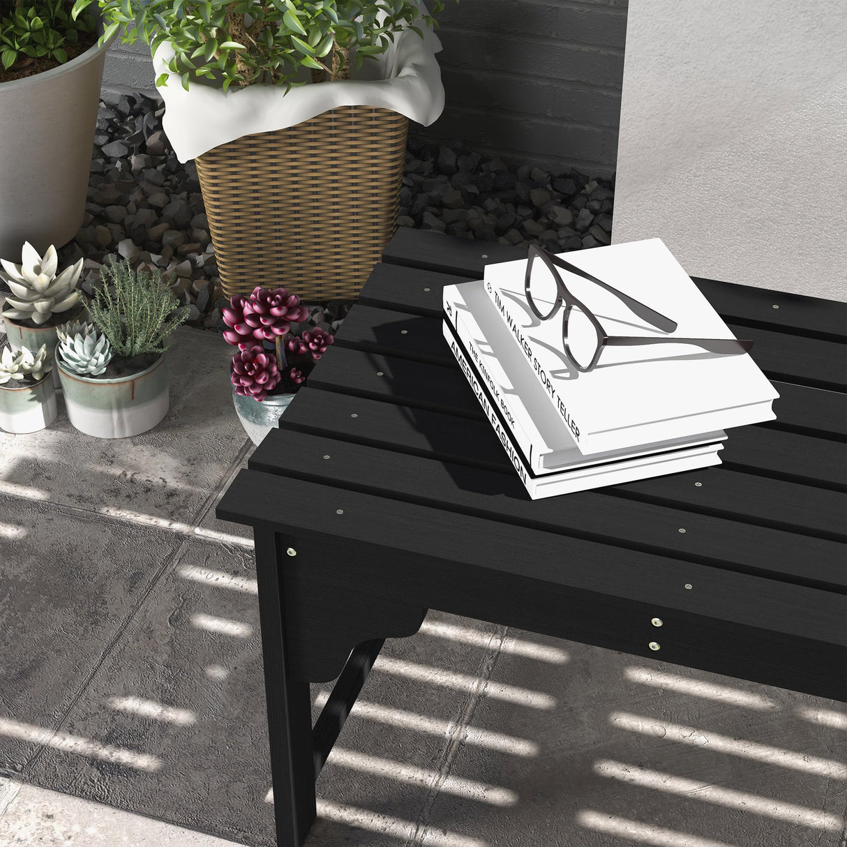 Outsunny Wooden Garden Bench, Outdoor Park Bench with Slatted Seat, Backless Front Porch Bench with Curved Seat for Conservatory, Garden, Poolside, Deck, Black Outsunny