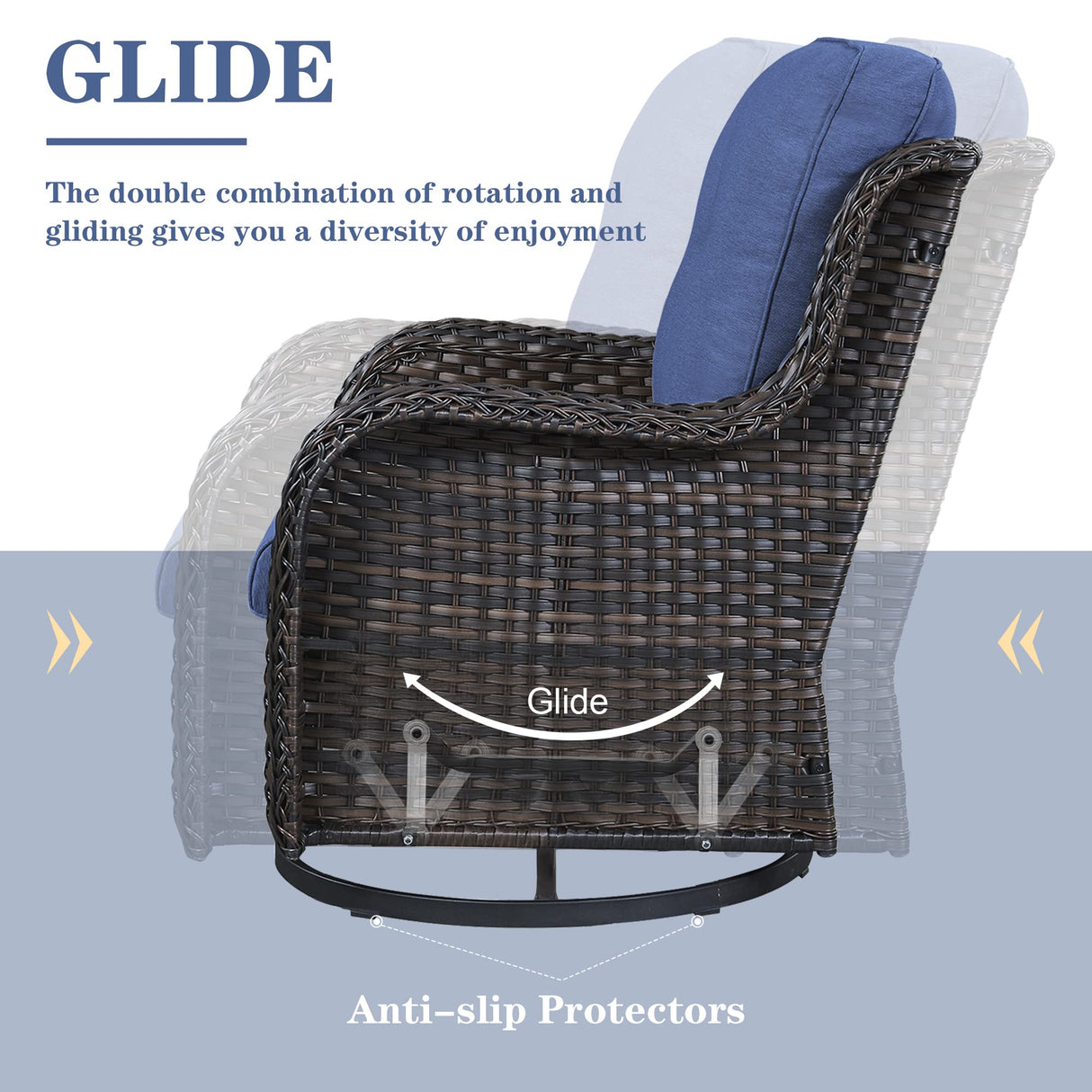 Belord Outdoor Sectional Furniture Sofa Set with Propane Fire Pit Table, Wicker Patio Conversation Set with 2 Swivel Rocker Glider Chairs Blue Cushion Perfect for Backyard Casual Gathering Belord