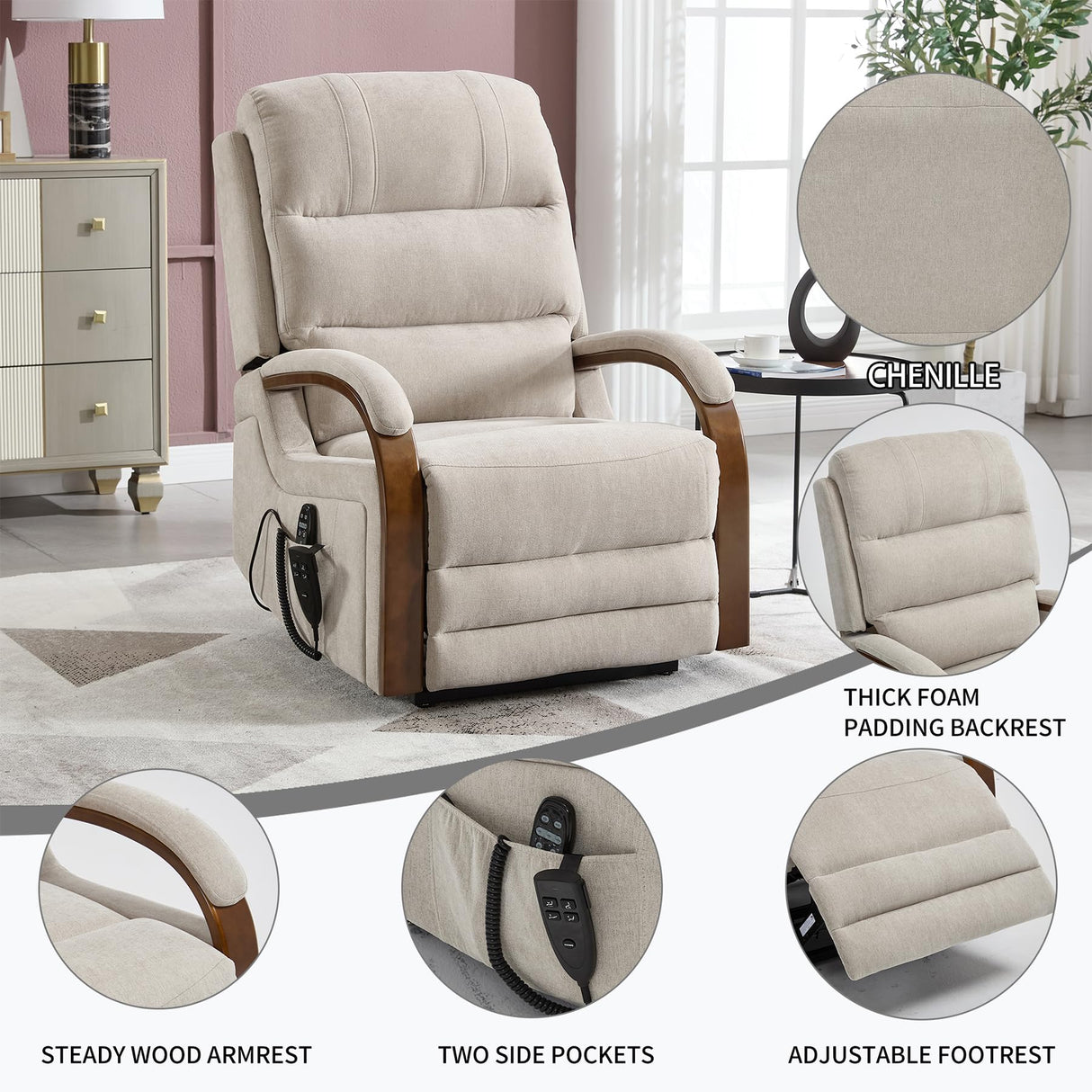RHHVVR Dual Motor Power Lift Recliner Chair, 350 lbs Electric Recliners with Massage and Heat, Solid Wood Armrest Back Footrest Adjustable Living Room Chair for Elderly, Beige RHHVVR