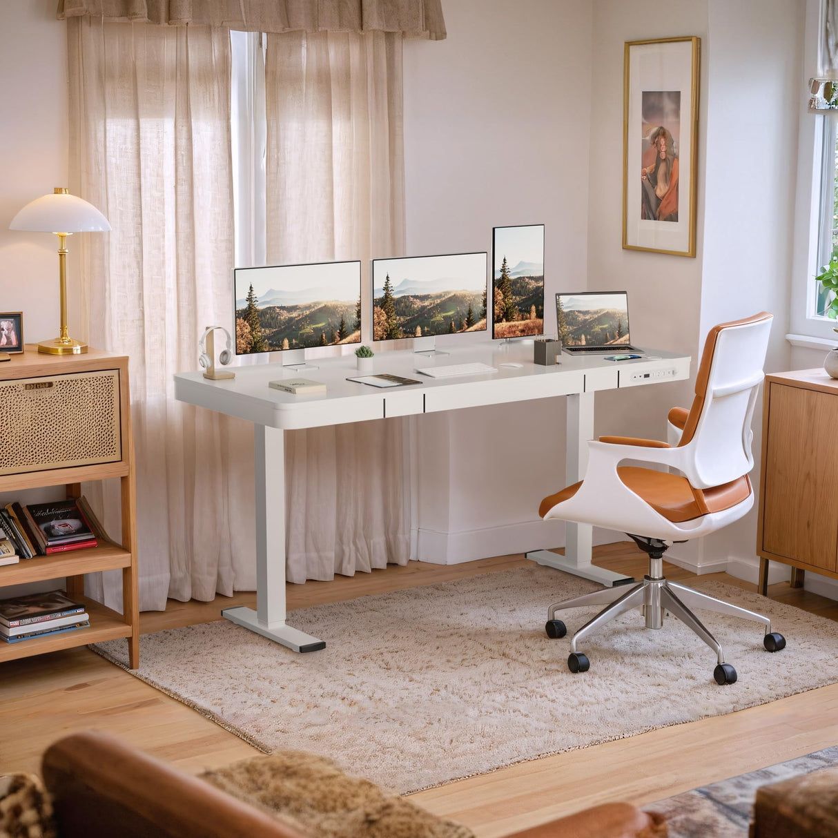 Furmax Electric Standing Desk with Drawer 55 x 24 Inch Adjustable Height Stand up Desk Home Office Computer Desk with USB Ports, White Furmax