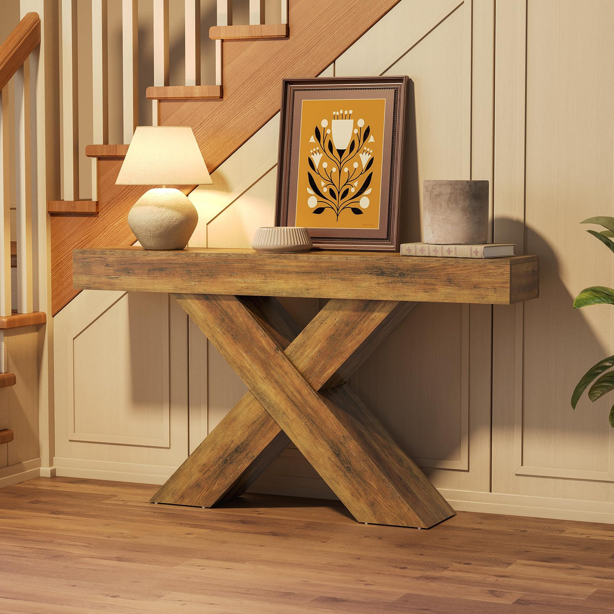 LITTLE TREE Console Table, 55-Inch Entryway Table, X-Shaped Design Narrow Console Table, Sofa Table for Living Room Foyer Hallway, Entryway, Entrance, Foyer, Industrial Wooden, Rustic Brown LITTLE TREE
