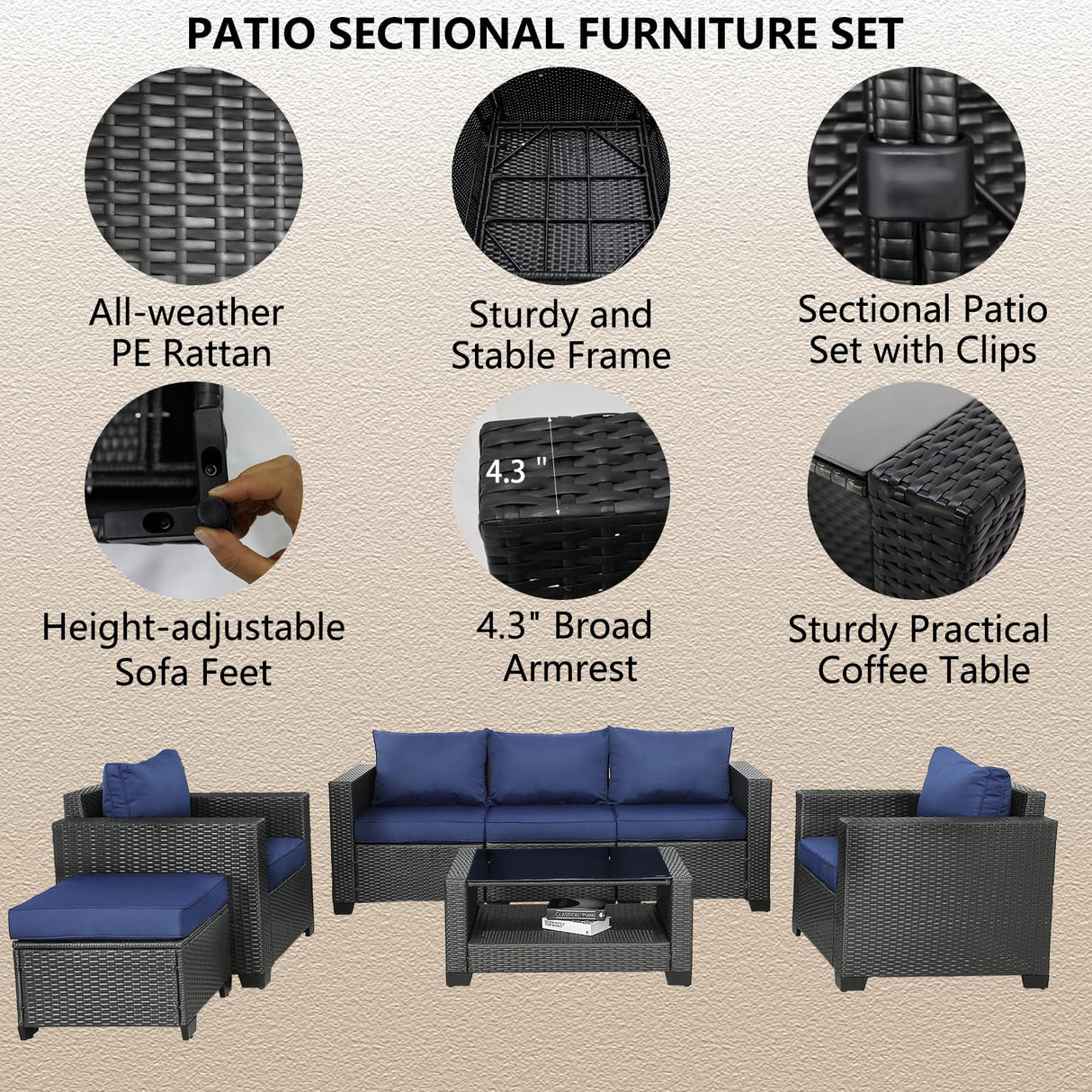 OSGMMOSG Patio Furniture Set Outdoor Furniture,Outdoor Patio Furniture 7 Pieces,Wicker Patio Furniture with Footstool and Coffee Table,Outdoor Couch for Porch, Poolside, Garden or Backyard OSGMMOSG