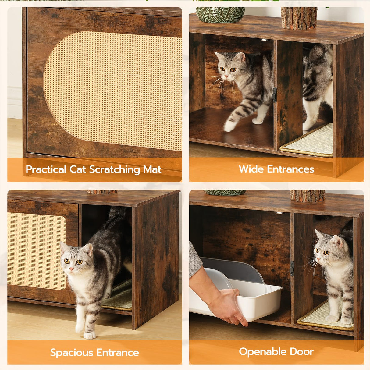 HOOBRO Cat Litter Box Enclosure with Rattan Door, Hidden Litter Box Furniture, Litter Box Enclosure with Adhesive Cat Scratching Mat, Coffee Table, 31.4" L x 17.7" W x 18.1" H, Rustic Brown FY18MW01 HOOBRO