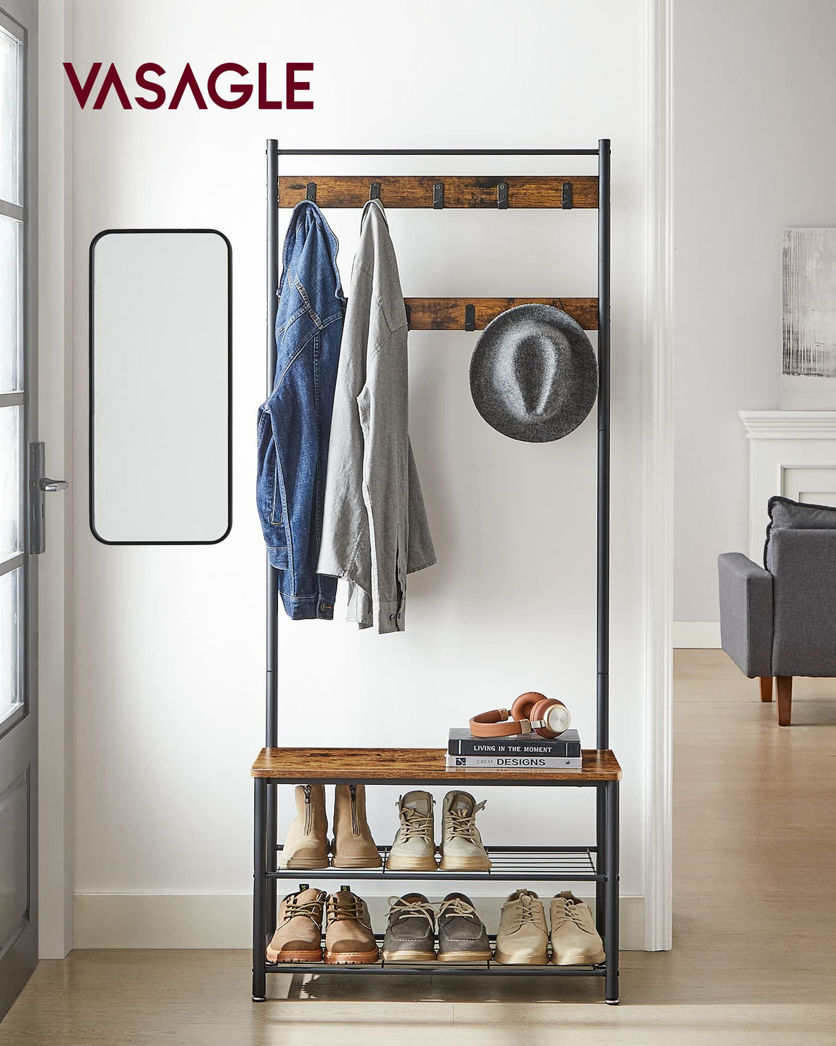 VASAGLE Coat Rack, Hall Tree with Shoe Storage Bench, Entryway Bench with Shoe Storage, 3-in-1, Steel Frame, for Entryway, 12.6 x 27.6 x 69.8 Inches, Industrial, Rustic Brown and Black UHSR41BX VASAGLE
