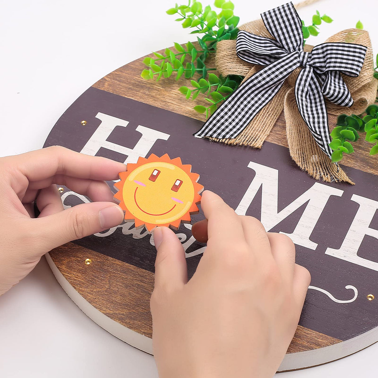 Interchangeable Welcome Sign for Front Door with 14 Changeable Icons, Farmhouse Front Porch Decor Rustic Wooden Wall Sign with 12 LED Lights, Outdoor Seasonal Welcome Home Decorations (Wood home1) HOMCDALY