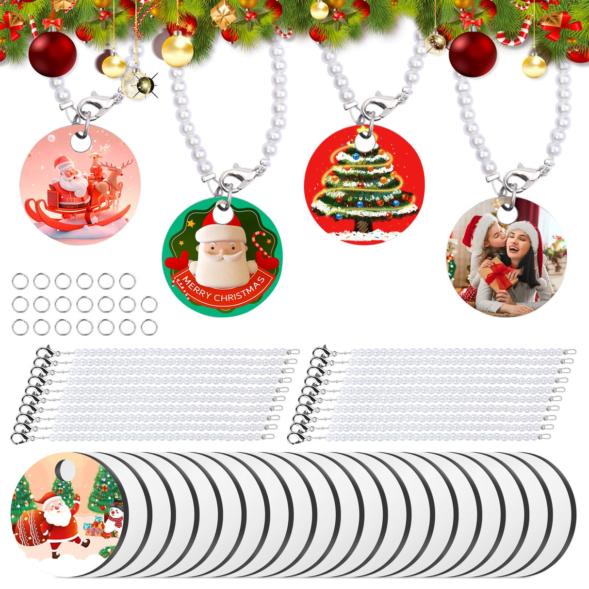 JNENERY Round Sublimation Key Chains Blanks, 60PCS Sublimation Keychain Blanks Bulk, Sublimation Charm Accessories for Cup, MDF Blank Double Sided with Plastic Pearl Chain for DIY and Craft JNENERY