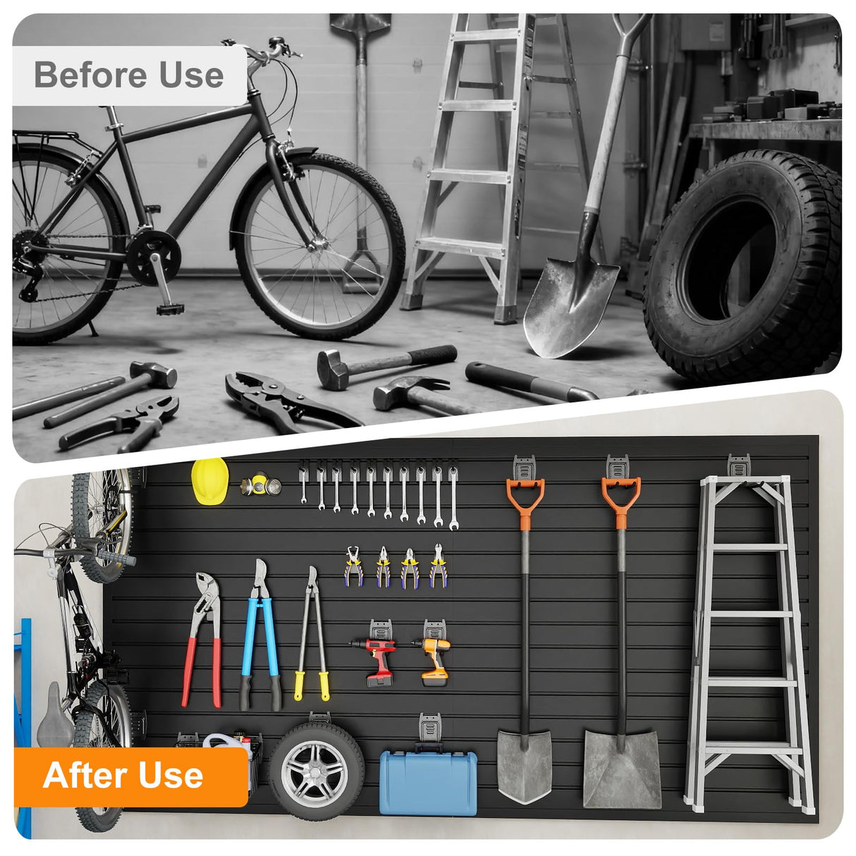 DoCred Slat Wall Paneling Organizer, 4x7.5 FT PVC Garage Slatwall Storage Systems, Heavy Duty Mounted Slat Peg Board for Tool Organization Ladder Bike Rack (Black) DoCred