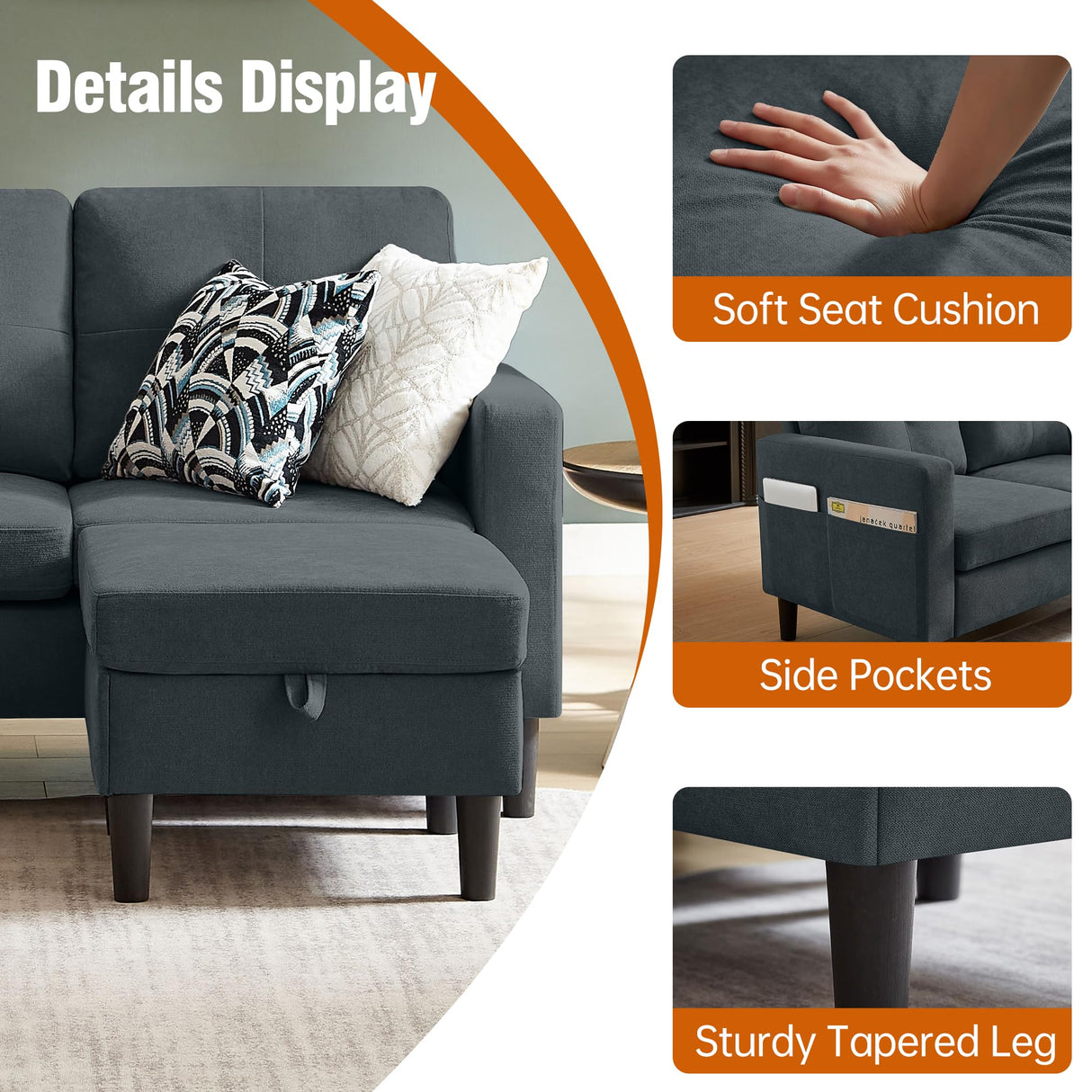 Pingliang Home Sectional Sofa Couches for Living Room, Modular 3 Seats Sectional Sofas L Shaped Couch with Storage and Reversible Chaise, Linen Fabric, 79" (Dark Grey) Pingliang Home