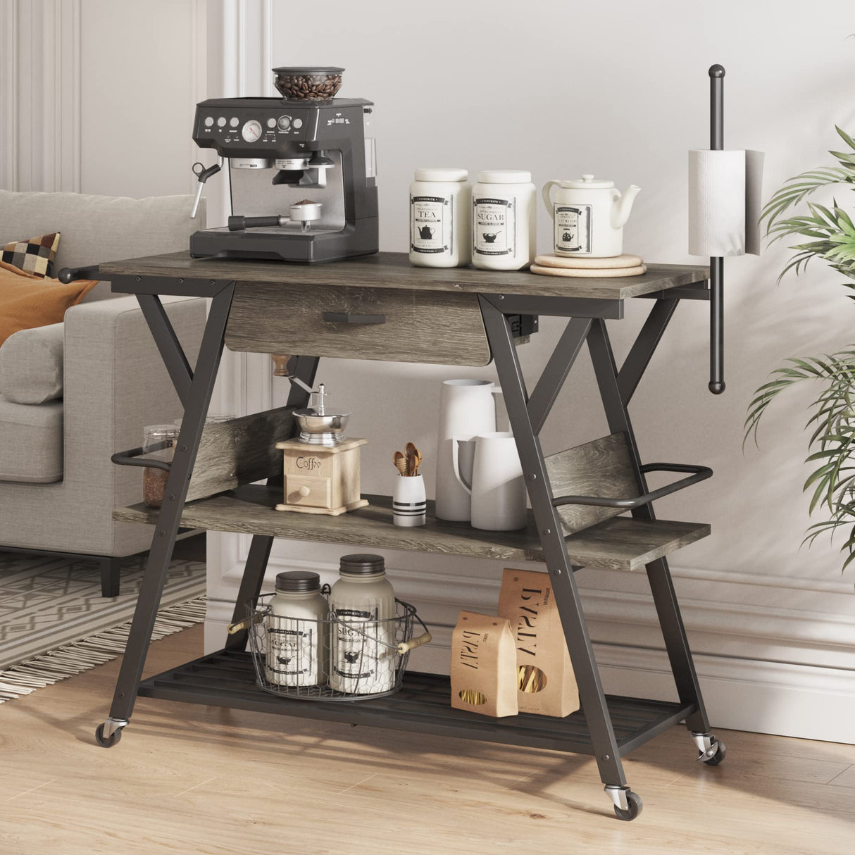 Bestier Grey Coffee Bar Station with Storage, Rolling Kitchen Cart and Towel Holder Bestier