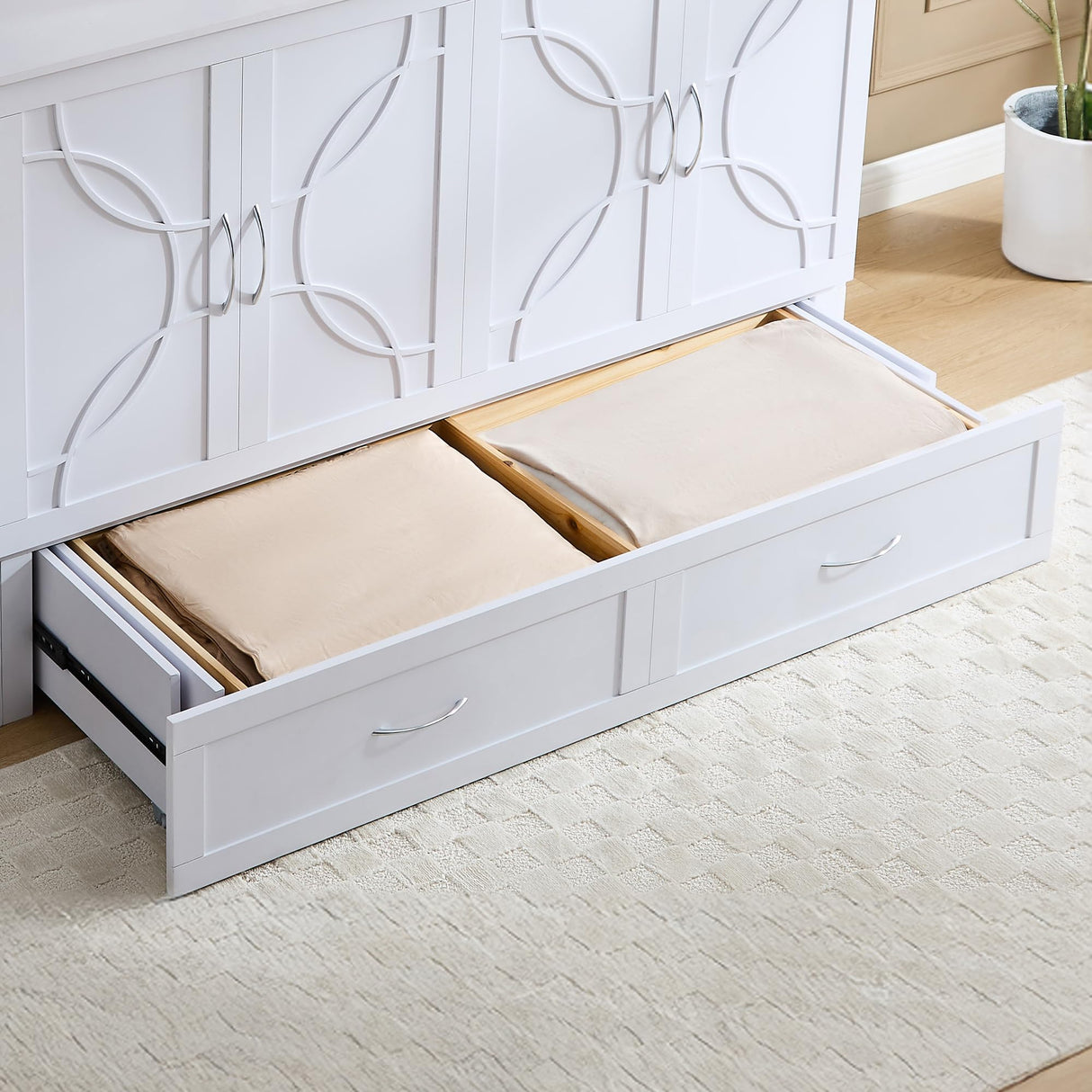 EDWINENE Murphy Bed with Mattress Included, Queen Murphy Bed Cabinet with Drawers and Charging Station for Small Apartments, Home Offices(Circular Pattern, White) EDWINENE