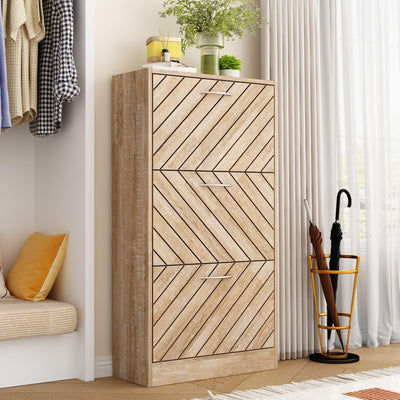 MOUMON Shoe Cabinet with 3 Flip Drawers, Slanted Design, Shoe Storage Organizer for Hallway Light Brown (22.4”W x 9.4”D x 42.3”H)