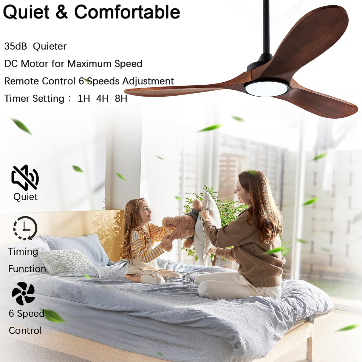 dearnow 42”Ceiling Fan with Light and Remote Control, Lighted Wooden Ceiling Fan Noiseless Reversible DC Motor with 3 Blades for Farmhouse, Living Room, Office, Indoor Outdoor (Black + Walnut) dearnow