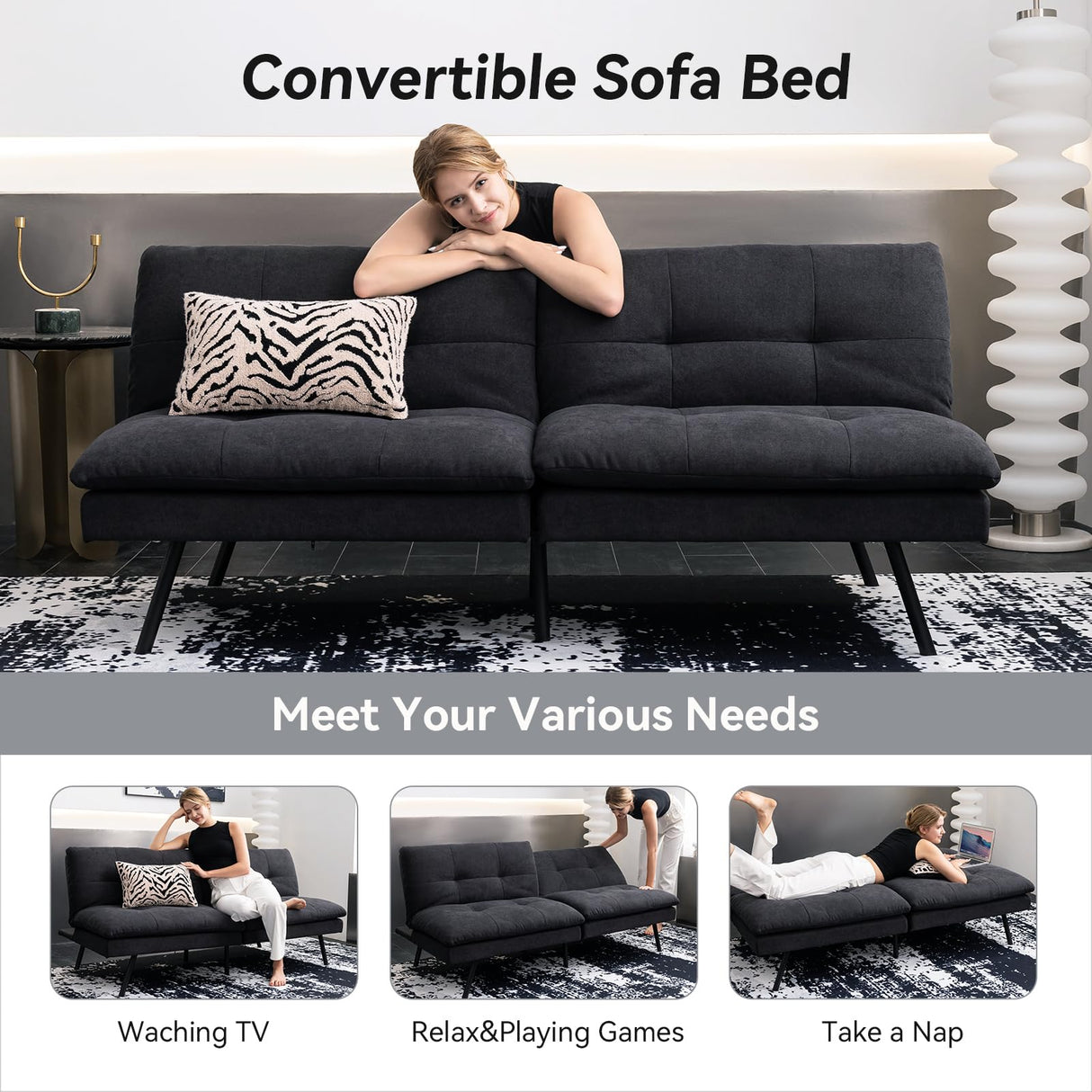 Hcore Polyester Memory Foam Convertible Futon Sofa Bed, Small Splitback Loveseat, 68" L x 32.3" W x 30.7" H, Black Hcore