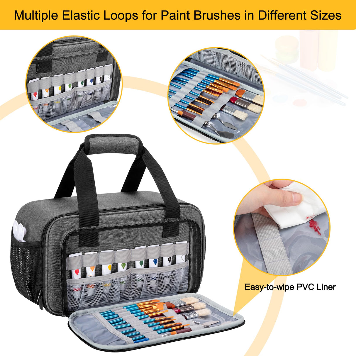 Acrylic Paint Organizer Bag for up to 54 Bottles (2 oz), Art Supply Storage Case with Handle Strap, Extra Pocket for Paint Brushes, etc, Aluminum Foil Liner for Easy Cleaning, Patented Design (Grey) GRAOSO