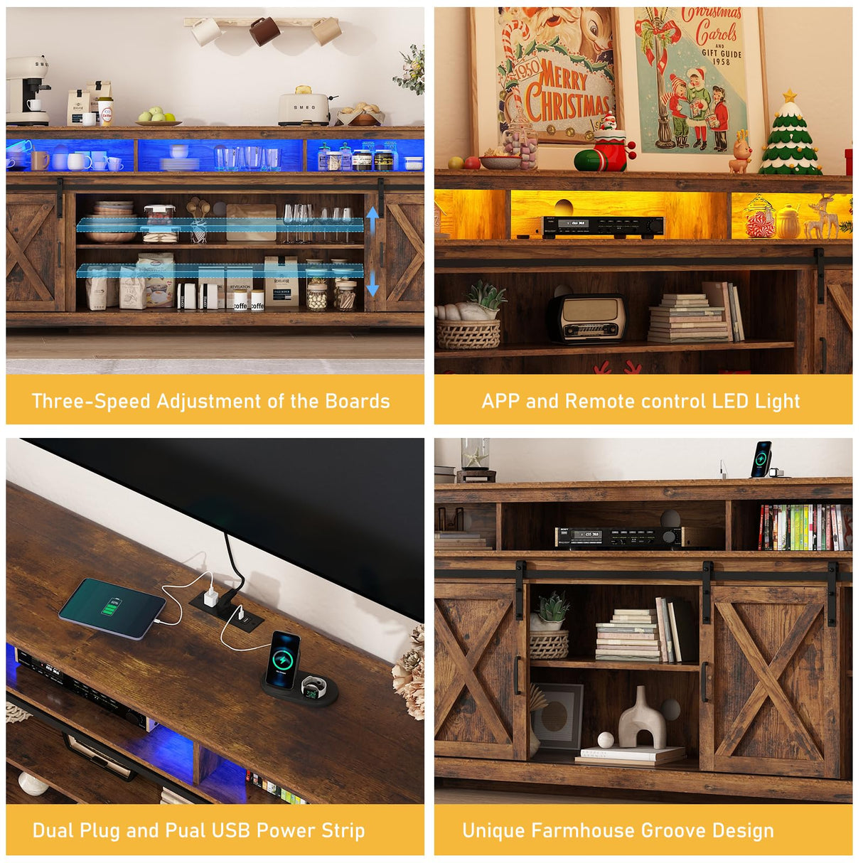 80" LED Farmhouse TV Stand for 90/85/80 Inch TVs,Tall Entertainment Center Storage Cabinets w/Power Outlets and Sliding Barn Door,Rustic TV Stands for Living Room,Media Console Cabinet (Brown) Hlivelood