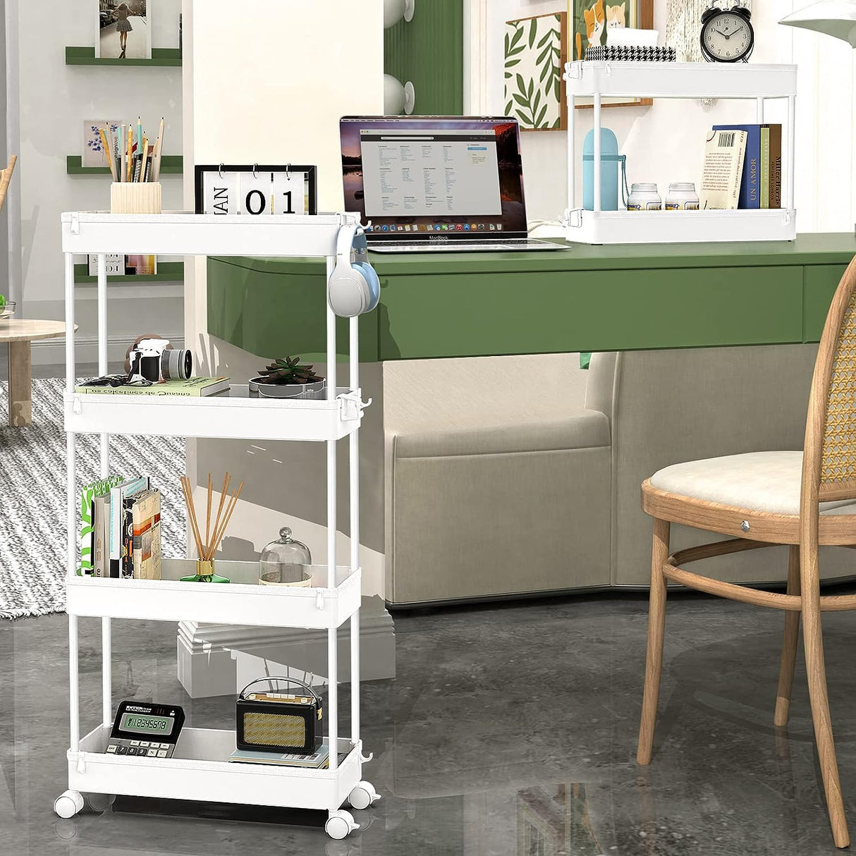 SPACEKEEPER Slim Rolling Storage Cart 4 Tier Bathroom Organizer Mobile Shelving Unit Utility Cart Tower Rack for Kitchen Laundry Narrow Places, White SPACEKEEPER