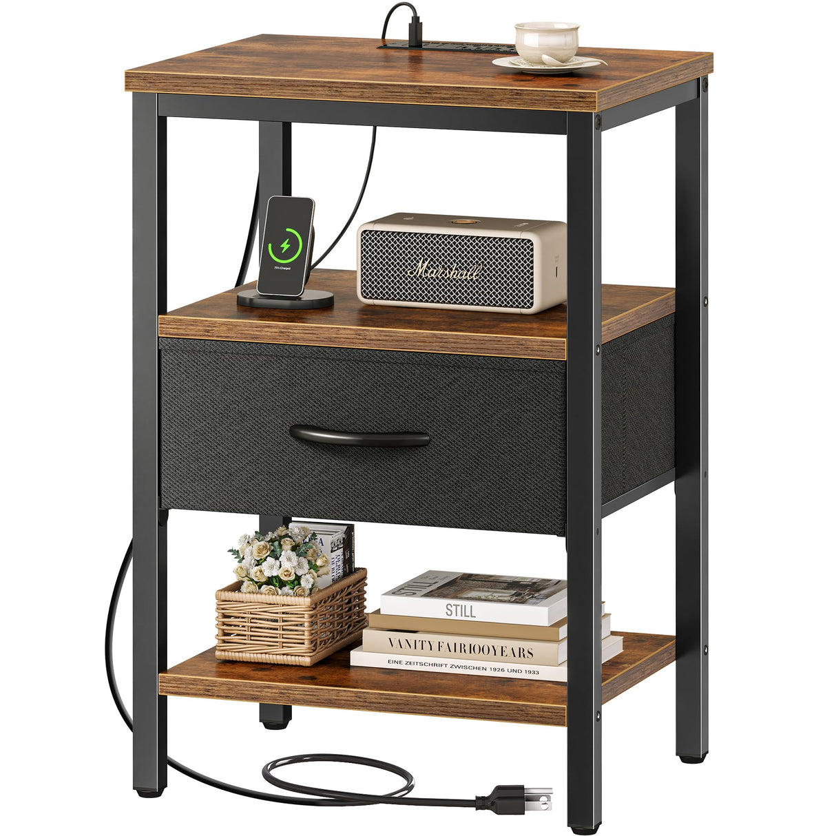 SUPERJARE Nightstand with Charging Station, Bed Side Table with Adjustable Fabric Drawer, Night Stand for Bedroom, 3-Tier Storage End Table, for Living Room, Rustic Brown and Black SUPERJARE