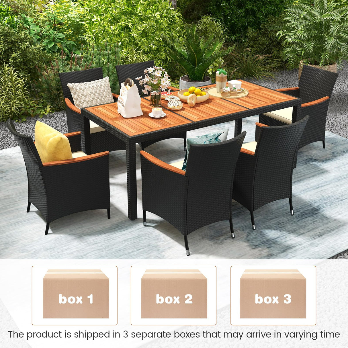 HAPPYGRILL 9 Pieces Outdoor Dining Set for 8, Patio Conversation Set with Acacia Wood Tabletop, Umbrella Hole, Washable Seat Cushions, Rattan Dining Table & Chair Set for Garden Yard Poolside HAPPYGRILL