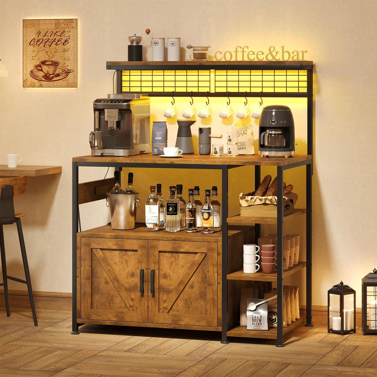 TVU Bakers Rack with Power Outlet and LED Light, Microwave Stand with Storage Cabinet, Coffee Bar Cabinet Station with 6 Hooks for Kitchen, Dining Room, Living Room, Coffee Bar, Rustic Brown TVU