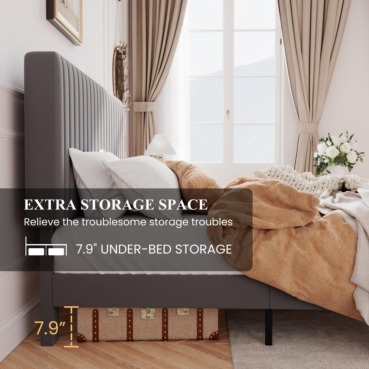 SHA CERLIN Queen Upholstered Platform Bed Frame with Vertical Channel Tufted Velvet Fabric Adjustable Headboard, Wooden Slats Support, Mattress Foundation, Box Spring Optional, Grey SHA CERLIN