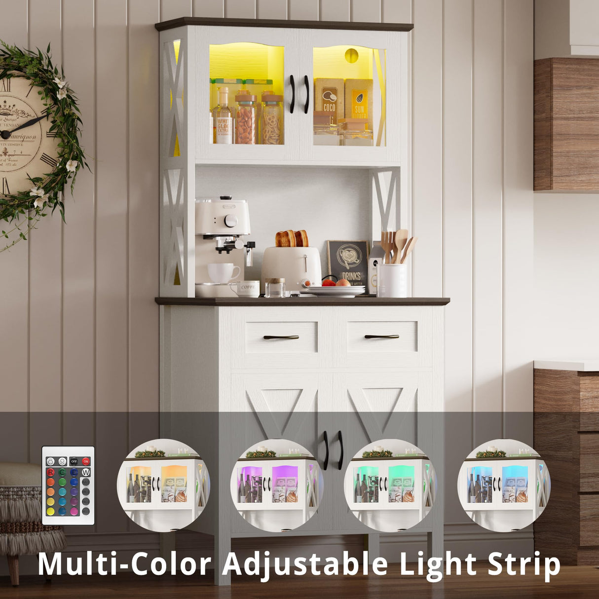 IRONCK 71" Pantry Cabinet with LED Lights and Charging Station, Tall Kitchen Storage Cabinet with Microwave Stand, Farmhouse Kitchen Hutch for Dining Room, White IRONCK