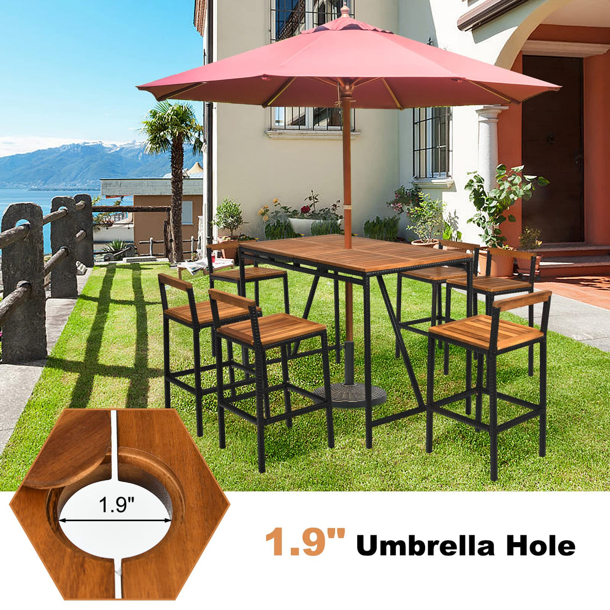 7-Piece HAPPYGRILL Acacia Wood Patio Bar Set with Umbrella Hole and 6 Ergonomic Stools HAPPYGRILL