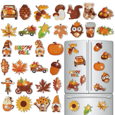 Copkim 30 Pcs Fall Diamond Art Magnets Kits DIY Autumn Pumpkin Maple Leaves Pine Nuts Diamond Painting Happy Fall Fridge Magnetic Stickers Gem Art Magnets for Beginners Holiday Decor Home