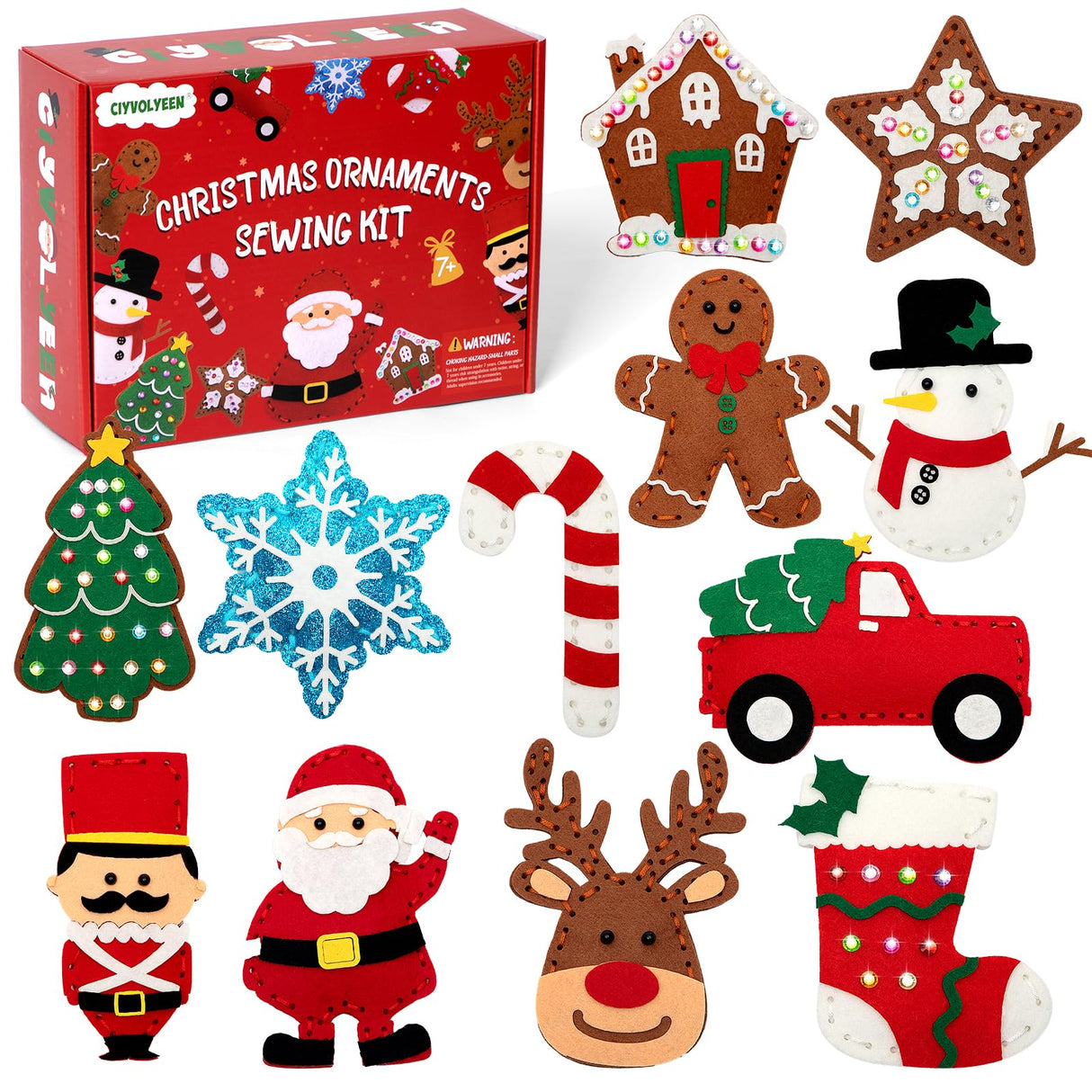 CiyvoLyeen Christmas Sewing Kit for Kids Felt Christmas Ornaments Craft Supplies DIY Activity for Girls and Boys Educational Sewing Gift for Child Set of 12 CiyvoLyeen