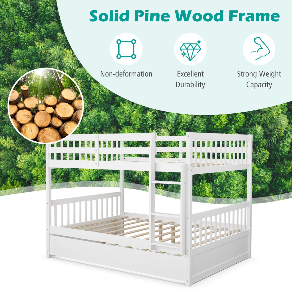 Giantex Full Over Full Bunk Bed with Trundle, Solid Wood Trundle Bed Frame w/Guardrails and Ladder, Convertible to 2 Beds, Full Size Bunk Beds for Adults Kids Teens, No Box Spring Needed, White Giantex