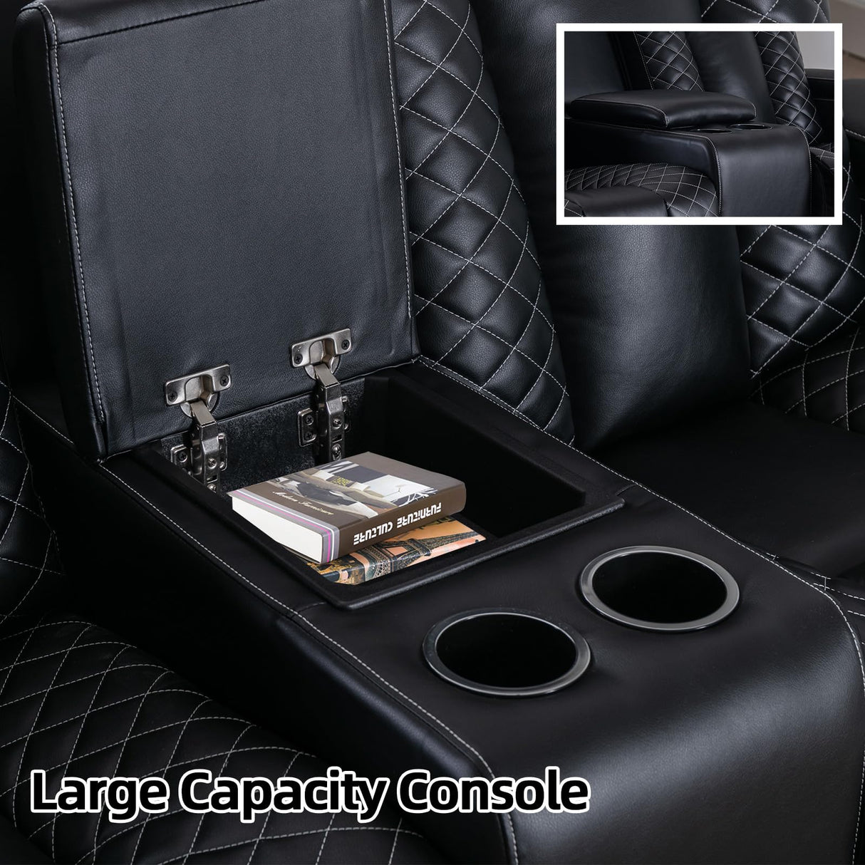 EBELLO Home Theater Seating, Electric Power Loveseat Recliner with USB Ports and Cup Holders, Breathable Faux Leather Dual Recliner with Hidden Arm Storage, for Living Room, Black EBELLO