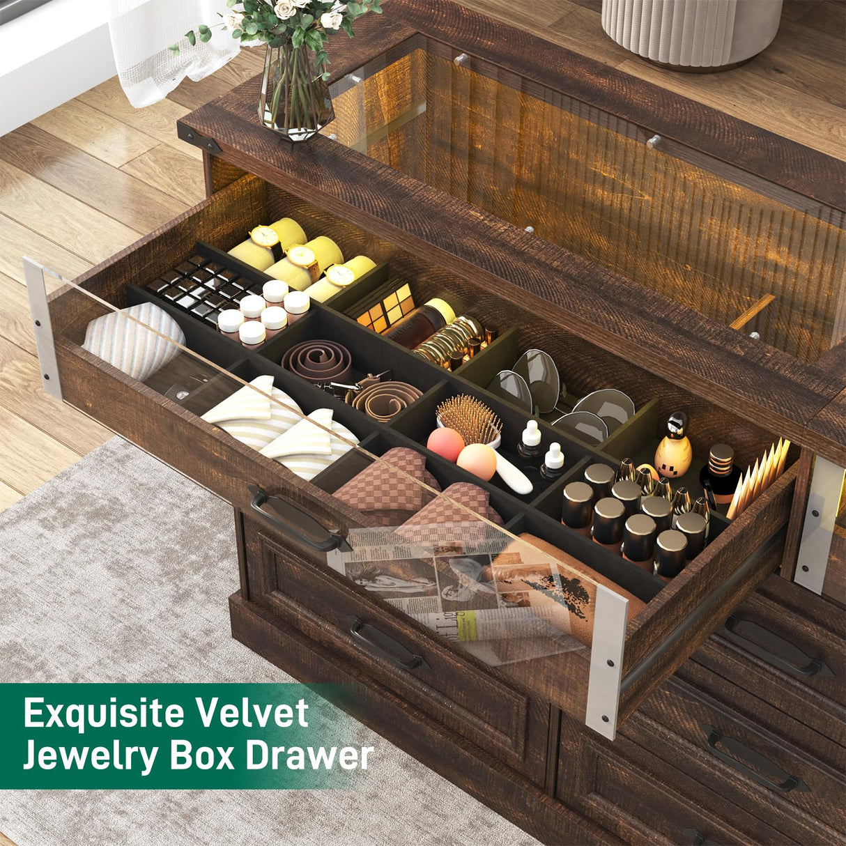 Hlivelood 63" Farmhouse 11 Drawer Dressers for Bedroom, Brown Wood Dresser w/Glass Top&Front Display Organizer, Bedroom Closet Island Chest of Drawers, for Living Room, Bedrooms, Hallway, Brown Hlivelood