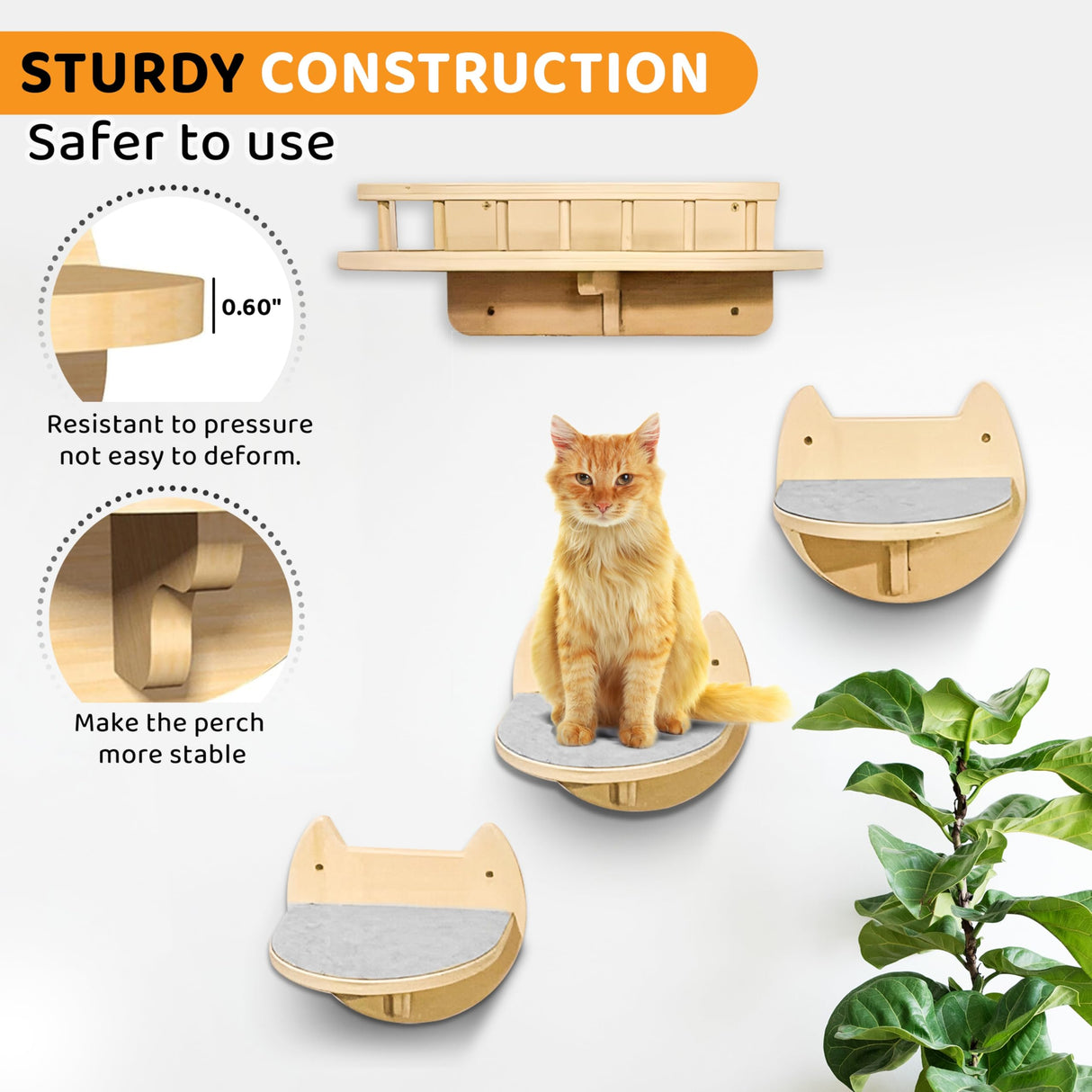 BUOGA Cat Wall Shelves with 3 Steps – Modern Mounted Cat Wall Furniture & Shelf, Premium Hardwood Cat Bed for Climbing, Sleeping & Lounging, Indoor Hammock for Large Cats BUOGA