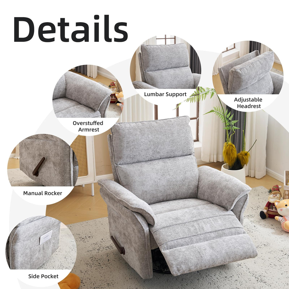 Rhevoy Oversized Glider Rocker Recliner, 26" Extra Wide 360° Swivel Nursery Recliner with Adjustable Headrest, Chenille Rocking Nursery Chair with Overstuffed Armrest, Lumbar Support, Light Grey Rhevoy
